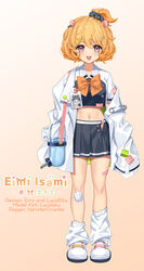  :3 :d animal_ears artist_name asymmetrical_footwear baggy_socks bandaid bandaid_on_leg blush bottle bow bowtie character_name eimi_isami female hamster_ears hamster_girl high_ponytail highres id_card lab_coat lucidsky mismatched_footwear navel off_shoulder official_art orange_bow orange_bowtie orange_hair phase_connect pink_eyes safety_pin school_uniform short_hair sleeves_past_fingers sleeves_past_wrists smile straight-on teeth upper_teeth_only virtual_youtuber water_bottle white_footwear 