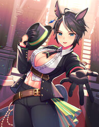  abs ahoge animal_ears belt black_gloves black_hair black_hat black_jacket black_pants blue_eyes breasts brown_belt center_opening cleavage commentary_request cowboy_shot ear_ornament female fuji_kiseki_(umamusume) gloves hair_between_eyes hat highres holding holding_clothes holding_hat horse_ears horse_girl horse_tail indoors jacket large_breasts midriff multicolored_hair nanakichi navel outstretched_arm pants shirt short_hair solo streaked_hair tail umamusume unworn_hat unworn_headwear white_hair white_shirt 