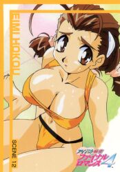  antenna_hair barefoot bikini braid breasts brown_eyes brown_hair character_name female final_romance_4 hoko_eimi large_breasts logo long_hair looking_at_viewer nipples non-web_source official_art orange_bikini shiny_skin sitting solo sweat swimsuit twin_braids wariza 