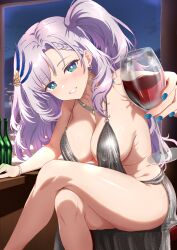  absurdres alcohol alternate_costume blue_eyes blue_nails breasts cleavage collarbone commission cosplay crossed_legs cup curio_(curiofinity) dress drinking_glass earrings female foreshortening grey_hair grin highres hololive hololive_indonesia jewelry large_breasts long_hair looking_at_viewer nail_polish no_bra one_side_up pavolia_reine red_wine revealing_clothes second-party_source sitting smile solo st._louis_(azur_lane) st._louis_(azur_lane)_(cosplay) st._louis_(luxurious_wheels)_(azur_lane) virtual_youtuber wine wine_glass 