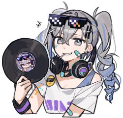  bandaid bandaid_on_cheek bandaid_on_face blue_hair commentary deal_with_it_(meme) drill_hair emne eyewear_on_head female grey_eyes grey_hair headphones headphones_around_neck holding_record honkai:_star_rail honkai_(series) meme multicolored_hair off-shoulder_shirt off_shoulder official_alternate_costume record shirt short_sleeves silver_wolf_(honkai:_star_rail) single_bare_shoulder streaked_hair sunglasses twintails upper_body white_shirt wristband 