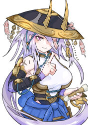  absurdres bamboo_tac breasts cross_scar detached_sleeves duel_monster fake_horns female fleurdelis_(yu-gi-oh!) hair_over_one_eye hat highres horned_headwear horns long_hair purple_eyes purple_hair scar scar_on_shoulder solo sword talisman the_iris_swordsoul very_long_hair weapon yu-gi-oh! 