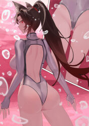  absurdres ailu_elf animal_ears ass back back_cutout bodysuit breasts brown_hair clothing_cutout commentary_request covered_navel diving_suit highres imaizumi_kagerou large_breasts long_sleeves looking_at_viewer looking_back no_tail ponytail red_eyes touhou underwater underwear wetsuit wolf_ears 