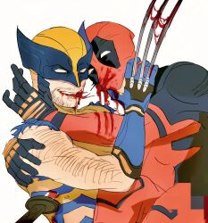  2boys after_kiss arm_hair beard black_gloves bleeding blood blood_on_weapon bodysuit claw_(weapon) commentary cuts deadpool deadpool_&amp;_wolverine deadpool_(series) facial_hair gloves hand_on_another&#039;s_face highres injury male_focus marvel marvel_cinematic_universe mask mouth_hold multiple_boys red_bodysuit red_mask rrriemman sleeveless stab superhero_costume symbol-only_commentary teeth two-tone_bodysuit violence weapon wolverine_(x-men) yaoi yellow_bodysuit 