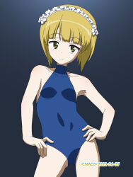  artist_name blonde_hair blue_one-piece_swimsuit blunt_bangs bob_cut breasts closed_mouth contrapposto covered_navel cowboy_shot cutlass_(girls_und_panzer) dated female frown girls_und_panzer halterneck hands_on_own_hips highres looking_at_viewer maid_headdress naotosi one-piece_swimsuit short_hair small_breasts solo standing swimsuit yellow_eyes 