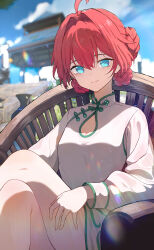  absurdres ahoge alternate_costume blue_eyes blue_sky breasts chinese_clothes cleavage closed_mouth commentary crossed_legs danjin_(wuthering_waves) day dress female folded_braid hair_between_eyes hair_intakes highres looking_at_viewer medium_breasts on_chair outdoors red_hair revision ryeon_(bluetom1) short_hair sitting sky smile solo white_dress wuthering_waves 