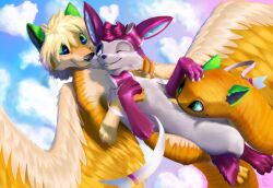  ambiguous_gender anthro blue_eyes cheek_tuft cloud corbin_(roscy) cuddling duo eeveelution eye_contact facial_tuft feathers felngo feral fluffy fluffy_ears flying fur generation_6_pokemon green_eyes hair head_tuft hi_res holding_person inner_ear_fluff looking_at_another male nintendo orange_body orange_fur paw_holding pink_body pink_fur pokemon pokemon_(species) ribbons_(anatomy) sky smile sylveon tail tail_mouth tuft unusual_anatomy unusual_tail white_body white_fur wings 