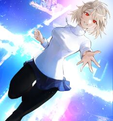  abstract_background absurdres arcueid_brunestud black_pantyhose blonde_hair blue_background blue_skirt breasts commentary female highres jewelry large_breasts medium_hair necklace pantyhose pleated_skirt reaching red_eyes skirt smile solo sweater tsukihime tsukihime_(remake) turtleneck turtleneck_sweater white_sweater yotsutsu428 