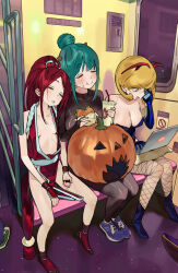  3girls black_jumpsuit blonde_hair blue_footwear breasts burger cellphone cleavage computer cosplay drink drooling eating english_commentary fishnets food green_footwear green_hair hair_ornament halloween highres hipa_(some1else45) holding holding_burger holding_food jack-o&#039;-lantern jumpsuit laptop multiple_girls nahia_(some1else45) original phone red_hair sekoshi_(some1else45) shiranui_mai shiranui_mai_(cosplay) sleeping some1else45 subway 