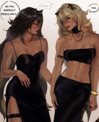  2girls absurdres alternate_costume bandeau bare_arms bare_shoulders black_dress black_hair black_nails black_skirt blonde_hair breasts cleavage dark_skin dehya_(genshin_impact) dress genshin_impact grey_background highres jewelry lart_art1 long_hair looking_at_another midriff multiple_girls nail_polish navel_piercing piercing ring simple_background skirt small_breasts spaghetti_strap stomach strapless thigh_strap tube_top very_long_hair xilonen_(genshin_impact) 