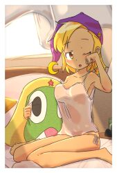  absurdres angol_mois bed blonde_hair brown_eyes dark-skinned_female dark_skin female gyaru hair_ornament hair_over_one_eye hairclip highres keroro_gunsou rokochandayo underwear 