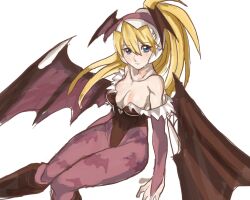  animal_print bare_shoulders bat_print black_leotard black_wings blonde_hair blue_eyes breasts ciel_(mega_man) clothing_cutout collarbone cosplay cutout_above_navel darkstalkers demon_girl demon_wings female head_wings heart_cutout helmet highleg highleg_leotard highres invisible_chair leotard long_hair medium_breasts mega_man_(series) mega_man_zero_(series) morrigan_aensland morrigan_aensland_(cosplay) off_shoulder pantyhose pink_helmet print_pantyhose purple_pantyhose raica_(khongbautroi) simple_background sitting solo tanaka_rie voice_actor_connection white_background wings 