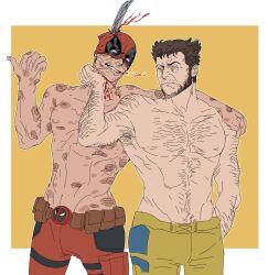  2boys arm_hair beard belt bleeding blood brown_hair chest_hair claw_(weapon) commentary_request deadpool deadpool_&amp;_wolverine deadpool_(series) facial_hair grin hairy hand_hair hand_on_another&#039;s_shoulder highres impaled male_focus marvel marvel_cinematic_universe mask mask_lift mature_male multiple_boys muscular muscular_male nipples pectorals red_mask rrriemman scar scars_all_over short_hair smile stab topless_male utility_belt weapon wolverine_(x-men) x-men yaoi 