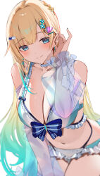  absurdres aizawa_ema aizawa_ema_(vspo!_summer_2024) aqua_hair bikini blonde_hair blue_eyes blush breasts earrings female frilled_bikini frills hair_ornament hairclip highres jewelry large_breasts light_smile long_hair looking_at_viewer multicolored_hair navel shiro_marimo simple_background solo swimsuit two-tone_hair virtual_youtuber vspo! white_background 