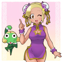  1boy angol_mois blonde_hair brown_eyes china_dress chinese_clothes dark-skinned_female dark_skin dress female gyaru hair_ornament hairclip hakkatou keroro keroro_gunsou 