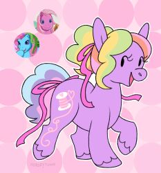  2021 blonde_mane blue_body blue_eyes blue_fur blue_tail bow_ribbon curled_mane curled_tail cutie_mark digital_drawing_(artwork) digital_media_(artwork) dot_eyes earth_pony equid equine eyelashes fan_character feathering female female_feral feral flat_colors fur green_mane greengrizz group hair hasbro hi_res hooves horse mammal mane mlp_g3 multicolored_mane multicolored_tail my_little_pony open_mouth open_smile outline pink_background pink_body pink_eyes pink_fur pink_mane pink_mouth pink_ribbon pink_tail pinkie_pie_(g3) pony ponytail purple_body purple_fur purple_hooves purple_tail quadruped rainbow_dash_(g3) raised_foot ribbon_rainbow_(evenoelle) simple_background smile standing tail trio white_outline 