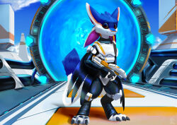  anthro armor avali blue_body blue_feathers brown_eyes claws clothing cloud corbin_(roscy) day feathers futuristic futuristic_gun gun hi_res knee_pads light looking_at_viewer male portal portal_ring pseudo_hair ranged_weapon runes scales sky smile solo standing sunlight weapon white_body white_feathers 