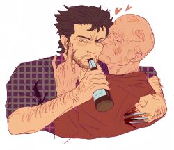  2boys alcohol arm_hair bald beard bottle brown_hair claw_(weapon) deadpool deadpool_&amp;_wolverine deadpool_(series) drinking facial_hair hand_on_another&#039;s_face hashtag-only_commentary heart highres holding holding_bottle kissing kissing_cheek male_focus marvel marvel_cinematic_universe multiple_boys rrriemman scar scars_all_over simple_background stab weapon white_background wolverine_(x-men) x-men yaoi 