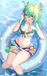  absurdres antlers bare_shoulders bikini blush bracelet braid braided_bangs breasts buckle ceres_fauna cleavage collarbone cup drinking_straw female flower gradient_hair green_hair groin hair_between_eyes hair_flower hair_ornament highres hololive hololive_english horns ice innertube jewelry large_breasts long_hair looking_at_viewer lying medium_breasts midriff multicolored_hair navel on_back open_mouth partially_submerged rooby_n short_shorts shorts single_braid smile solo stomach striped_bikini striped_clothes swim_ring swimsuit thigh_strap thighs virtual_youtuber water yellow_eyes 