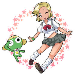  1boy angol_mois blonde_hair brown_eyes commentary dark-skinned_female dark_skin female gyaru hair_ornament hairclip hakkatou keroro_gunsou loose_socks navel one_eye_closed school_uniform skirt socks 