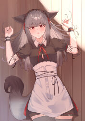  :o absurdres alternate_costume animal_ears apron arknights black_dress black_hairband black_nails black_wristband blush breasts brown_tail button_gap buttons cleavage clothes_writing collared_dress commentary_request day dress enmaided female fingernails frills frostleaf_(arknights) grey_hair grey_tail grey_thighhighs hair_ribbon hairband highres indoors long_hair looking_at_viewer lying maid medium_breasts nail_polish neck_ribbon on_back on_floor open_mouth orange_ribbon puffy_short_sleeves puffy_sleeves red_eyes ribbon ribbon-trimmed_hairband ribbon_trim short_sleeves solo sunlight suzubotan sweatdrop tail thighhighs white_apron wristband 