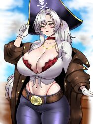  alternate_breast_size alternate_costume azur_lane belt blue_pants blush bra breasts brown_belt brown_coat buttons choker cleavage coat cowboy_shot drake_(azur_lane) earrings female gloves gold_necklace hat highres hoop_earrings huge_breasts jewelry lipstick long_hair long_sleeves looking_at_viewer makeup midriff mommymilkers3k navel necklace pants parted_bangs pirate_hat ponytail red_bra red_choker royal_navy_emblem_(azur_lane) shirt sidelocks signature simple_background skull_and_crossbones thong tight_clothes underwear very_long_hair white_gloves white_hair white_shirt yellow_eyes 