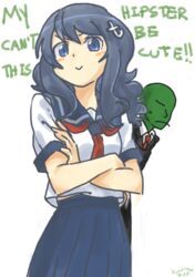  1boy 4chan :&gt; anonymous_(4chan) artist_name blue_eyes blue_hair blush_stickers can&#039;t_be_this_cute colored_skin commentary crossed_arms english_commentary english_text faceless faceless_male female formal green_skin kyuubiness long_skirt md5_mismatch ore_no_imouto_ga_konna_ni_kawaii_wake_ga_nai parody personification resolution_mismatch school_uniform simple_background skirt source_larger suit sweatdrop tumblr white_background 