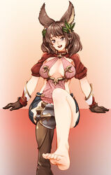  :d animal_ears barbariank barefoot boots breasts brown_hair cleavage commentary_request erune feet female gloves granblue_fantasy grey_eyes hair_ornament highres la_coiffe_(granblue_fantasy) leaf_hair_ornament legs long_hair looking_at_viewer medium_breasts miniskirt open_mouth puffy_sleeves short_sleeves single_boot sitting skirt smile solo thighhighs 