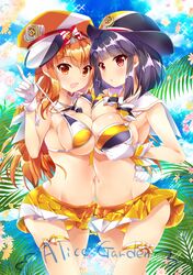  2girls :d armpit_peek armpits beatmania_iidx bikini bikini_pull black_hair blunt_bangs blush breast_press breasts clothes_pull commentary_request cowboy_shot gloves groin hat hinata_momo hinazuki_ririna large_breasts looking_at_viewer miniskirt multiple_girls navel open_mouth orange_eyes orange_hair outdoors parted_lips peaked_cap red_eyes sidelocks skirt smile stomach swimsuit symmetrical_docking umegiri_iroha white_gloves yellow_skirt 