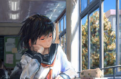  autumn black_hair blurry book classroom commentary dated depth_of_field faux_traditional_media female head_rest highres indoors original pencil_case school school_uniform serafuku signature solo_focus tree wind window yakikoke 