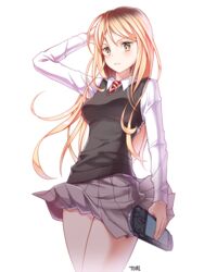  bad_id bad_pixiv_id blonde_hair blush cowboy_shot female genderswap_(mtf) haikyuu!! handheld_game_console highres kozume_kenma long_hair necktie playstation_portable rule_63 school_uniform simple_background skirt solo striped striped_necktie thighs tobi_(mue86) uniform vest wind wind_lift yellow_eyes 