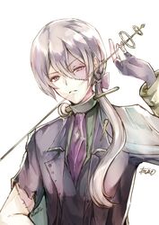  1boy aristocratic_clothes atoatto commentary_request fingerless_gloves fire_emblem fire_emblem_fates gloves jakob_(fire_emblem) jakob_(halloween)_(fire_emblem) looking_at_viewer male_focus ponytail purple_eyes scar scar_on_cheek scar_on_face stitches white_hair 