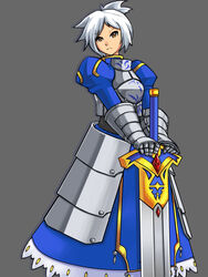  armor armored_dress artoria_pendragon_(fate) brown_eyes commentary_request cosplay dress excalibur_(fate/stay_night) fate/stay_night fate_(series) female folded_ponytail frown gauntlets grey_background league_of_legends mr_kunimitsu photoshop_(medium) riven_(league_of_legends) saber_(fate) saber_(fate)_(cosplay) short_hair simple_background solo white_hair 