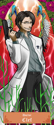  1boy alto_clef art_nouveau black_hair character_name commentary_request dragon_ash facial_hair flower glasses grin gun handgun highres lab_coat male_focus parted_lips photoshop_(medium) scp_foundation smile solo weapon 