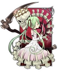  aged_down bone cendrillon_(vocaloid) closed_eyes crown dress female green_hair hair_ribbon hatsune_miku knife kooten_bergh_no_youhei lolicon long_hair ribbon skull solo spine twintails very_long_hair vocaloid weapon white_dress 