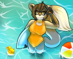  5:4 anthro avoid_posting breasts canid canine canis clothing digital_media_(artwork) ear_piercing female fox heart_symbol looking_at_viewer mammal one-piece_swimsuit piercing solo swimwear tacoyaki wolf yuki_(tacoyaki) 