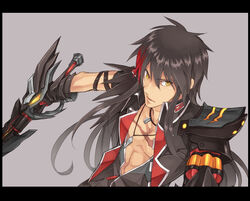  1boy armor bad_id bad_pixiv_id black_armor black_hair daizu_yan elsword gloves grey_background jewelry letterboxed long_hair male_focus mechanical_arms multicolored_hair muscular necklace raven_cronwell red_hair serious single_mechanical_arm solo streaked_hair sword two-tone_hair veteran_commander_(elsword) weapon yellow_eyes 