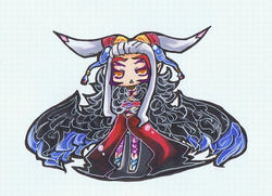  chibi dress female final_fantasy final_fantasy_viii fur_collar grey_hair horns long_dress long_hair makeup pachepache1228 red_dress silver_hair simple_background solo super_deformed traditional_art ultimecia wings 