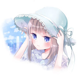  adjusting_clothes adjusting_headwear blue_eyes blue_hat blush brown_hair commentary_request female frills hat hat_ribbon original rabbitruu ribbon skyline upper_body white_ribbon 