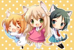  3girls :d =_= ^_^ animal_ears bad_id bad_pixiv_id black_hair blue_eyes cat_ears cat_tail closed_eyes commentary_request dress green_eyes hair_ornament hairclip hugging_doll hugging_object long_hair maa_(nyanko_days) multiple_girls necktie nyanko_days open_mouth oumi_neneha parted_lips pleated_skirt polka_dot polka_dot_background purple_dress rou_(nyanko_days) shii_(nyanko_days) short_hair silver_hair skirt smile stuffed_animal stuffed_fish stuffed_toy suspenders tail thighhighs white_dress zettai_ryouiki 