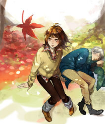  1boy 325_(im24) ahoge akari_(bokujou_monogatari) autumn bokujou_monogatari bokujou_monogatari:_waku_waku_animal_march bokujou_monogatari:_yasuragi_no_ki boots brown_hair commentary_request female leaf scarf silver_hair tao_(bokujou_monogatari) 