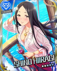  alcohol alternate_costume artist_request belt black_hair bracelet brown_eyes card_(medium) character_name crow&#039;s_nest female gem_(symbol) hiiragi_shino idolmaster idolmaster_cinderella_girls jewelry long_hair necklace official_art pants pirate_costume ship shirt solo water watercraft white_shirt wine 