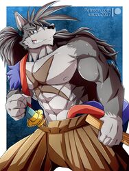  2017 3:4 abs anthro biceps black_nose canid canine canis clothing fur kadzu male mammal muscular muscular_anthro muscular_male nipples pecs scar solo wolf 