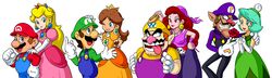  4boys 4girls blue_eyes breasts brown_hair cap captain_syrup coin couple crown dress duplicate earrings elbow_gloves facial_hair fat fat_man flower gem gloves green_hair hand_on_head hand_on_shoulder hat highres jewelry long_hair long_image luigi mario mario_(series) money moustache multiple_boys multiple_girls nakagawa_rui nintendo pirate princess princess_daisy princess_peach queen queen_merelda red_hair rose skull super_mario_bros. super_mario_land suspenders sweatdrop tongue tongue_out waluigi wario wario_land wide_image 