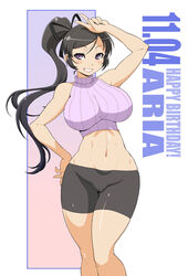  aria_(senran_kagura) birthday black_hair breasts female haganemaru_kennosuke hair_ribbon large_breasts long_hair looking_at_viewer navel ponytail purple_eyes senran_kagura senran_kagura_new_wave smile solo v 