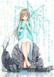  bad_feet barefoot brown_eyes brown_hair commentary_request dararito dress female full_body gem holding jacket legs long_hair long_sleeves looking_at_viewer open_clothes open_jacket original pearl_(gemstone) reflection robot sitting smile snail solo sweater toes umbrella white_background white_dress wind_chime 