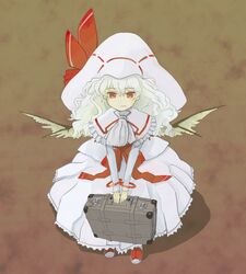  alternate_costume bat_wings carrying commentary_request curiosities_of_lotus_asia female from_above hat highres long_hair pinzu red_eyes remilia_scarlet solo suitcase touhou v_arms wavy_hair white_hair wings 