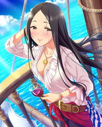  alcohol alternate_costume artist_request belt black_hair bracelet brown_eyes crow&#039;s_nest female hiiragi_shino idolmaster idolmaster_cinderella_girls jewelry long_hair necklace official_art pants pirate_costume ship shirt shroud_(sailing) solo water watercraft white_shirt wine 