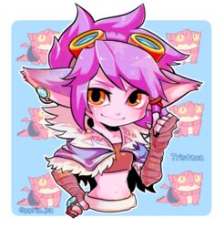  alternate_costume colored_skin commentary_request dragon dragon_trainer_tristana ear_piercing female goggles goggles_on_head league_of_legends midriff navel orange_eyes otani_(kota12ro08) piercing pink_hair pink_skin pointy_ears riggle_(league_of_legends) solo transparent_background tristana yordle 