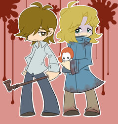  2boys black_footwear blonde_hair blood brown_hair coat collared_shirt commentary_request doll facial_hair henry_townshend holding holding_lead_pipe lead_pipe multiple_boys panty_&amp;_stocking_with_garterbelt parody shiro_(tiotolv) shirt short_hair silent_hill_(series) silent_hill_4:_the_room stubble style_parody trench_coat walter_sullivan 